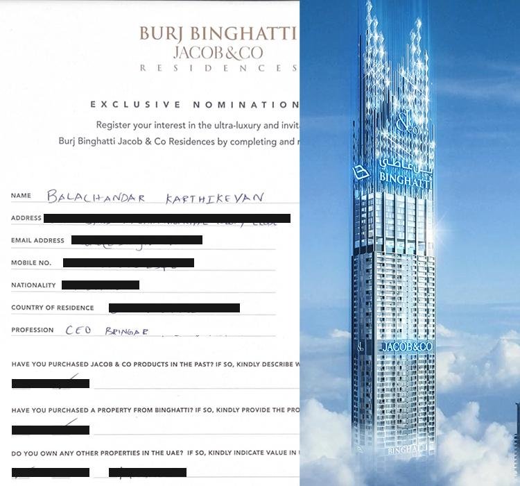 Bringar CEO Balachandar signed an exclusive nomination to buy a residence in the world's tallest residential tower, Burj Binghatti.