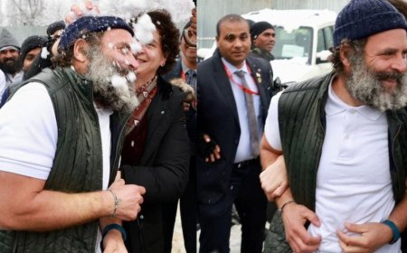 Picture of Rahul-Priyanka playing with snow on the last day of Bharat Jodo Yatra in Kashmir